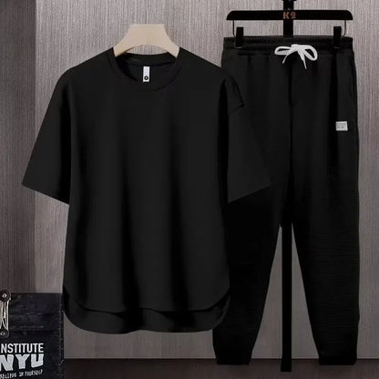Pure Color Men's T-Shirt Set Short Sleeve Summer Trendy Two-Piece Suit Casual Comfortable Breathable Male Model Clothing - Ellianto fashion Men's