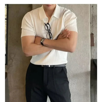 2025 Summer Men's Ice Silk Lapel Polo Short Sleeve Thin Fashionable V-neck Striped Knit Base Layer Top Men's Shirt - Ellianto fashion Men's