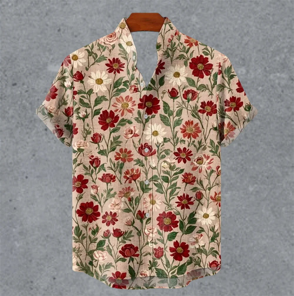 Art retro vintage men's shirt with mottled marks, standing collar printed short sleeved shirt, casual and comfortable top S-5XL - Ellianto fashion Men's