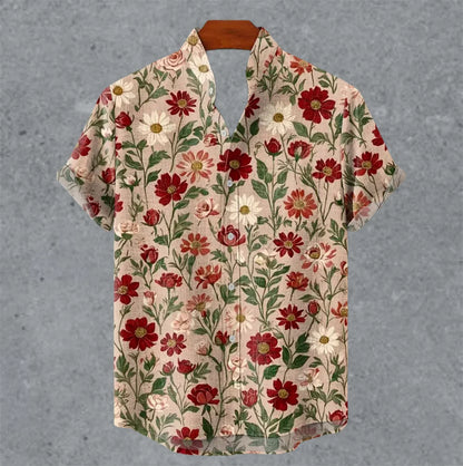 Art retro vintage men's shirt with mottled marks, standing collar printed short sleeved shirt, casual and comfortable top S-5XL - Ellianto fashion Men's