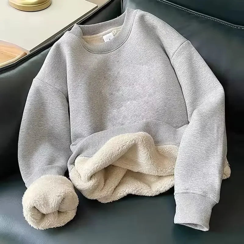 Thickened Fleece-Lined Men's Round Neck Sweatshirt Winter Warm Base Layer Top Innermen's Wear Clothes Loose Style Hoodies