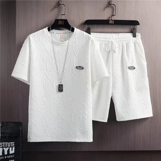 Summer Fashionable Korean Style Men's Short Sleeve Suit Versatile Waist Checked Five-point Shorts T-shirt Set Casual Wear - Ellianto fashion Men's