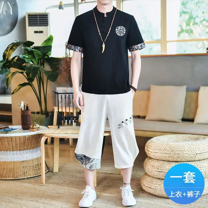 Set Men's Linen Short-Sleeve T-Shirt Summer Style Set Loose Cotton-Linen Retro Embroidered Top Two-Piece Set - Ellianto fashion Men's