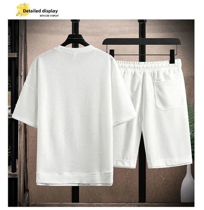Casual Men's Sportswear Set Summer Short Sleeve Drawstring Shorts Loose Five-Quarter Pants Thin Male Outfit Two-Piece Suit - Ellianto fashion Men's