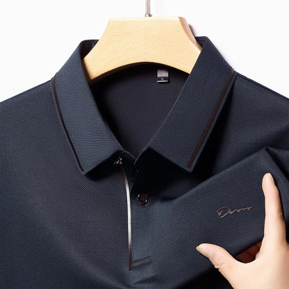 New Men's Business Casual Long Sleeved Shirt with Badge Solid Color Polo Shirt Fashionable Breathable Comfortable Versatile Top - Ellianto fashion Men's