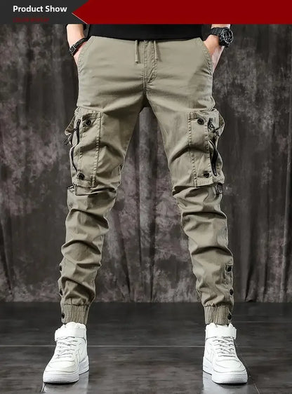Trendy Men's Spring Autumn Cargo Pants Slim Fit Casual Style Loose Fit American Style Multiple Pocket Small Foot Pants Black - Ellianto fashion Men's