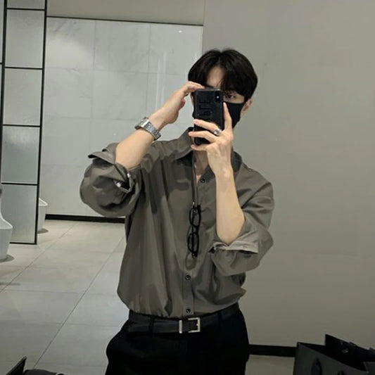 New Korean Business Men Shirts Light Luxury Slim-fit Solid Color Long Sleeve Cardigans Leisure Breathable Solid Color Basic Tops - Ellianto fashion Men's
