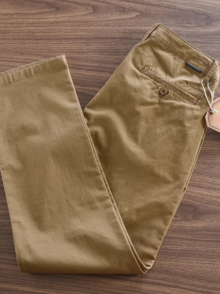 2025 Autumn New American Retro Woven Twill Cargo Pants Men's Simple 97.4% Cotton Washed Micro Elastic Straight Casual Trousers - Ellianto fashion Men's