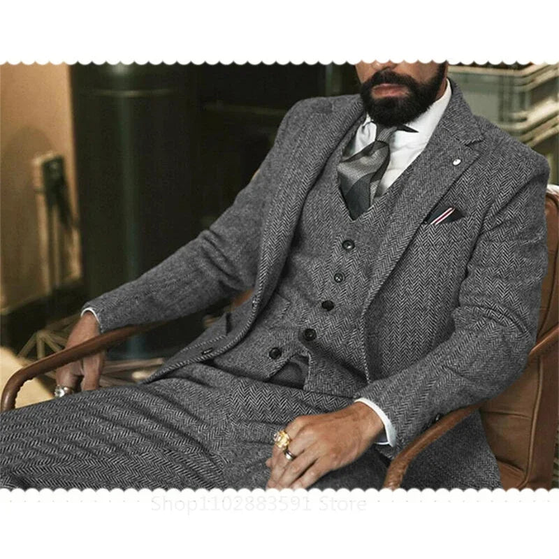 3 Pieces (Jacket +Vest +Pants) Gray Wool Tweed Winter Men Suit's For Wedding Herringbone Male Formal Groom Tuxedo Fashion - Ellianto fashion Men's