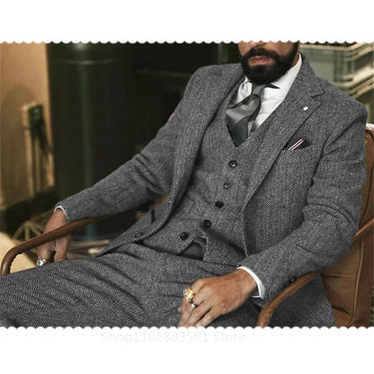 3 Pieces (Jacket +Vest +Pants) Gray Wool Tweed Winter Men Suit's For Wedding Herringbone Male Formal Groom Tuxedo Fashion - Ellianto fashion Men's