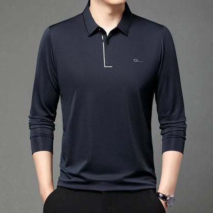New Men's Business Casual Long Sleeved Shirt with Badge Solid Color Polo Shirt Fashionable Breathable Comfortable Versatile Top - Ellianto fashion Men's