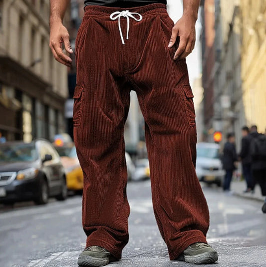 Autumn Casual Corduroy Pants Men's Long Pants Solid Color Drawstring Casual Breathable Wide-leg Multi-pocket Straight Pants - Ellianto fashion Men's