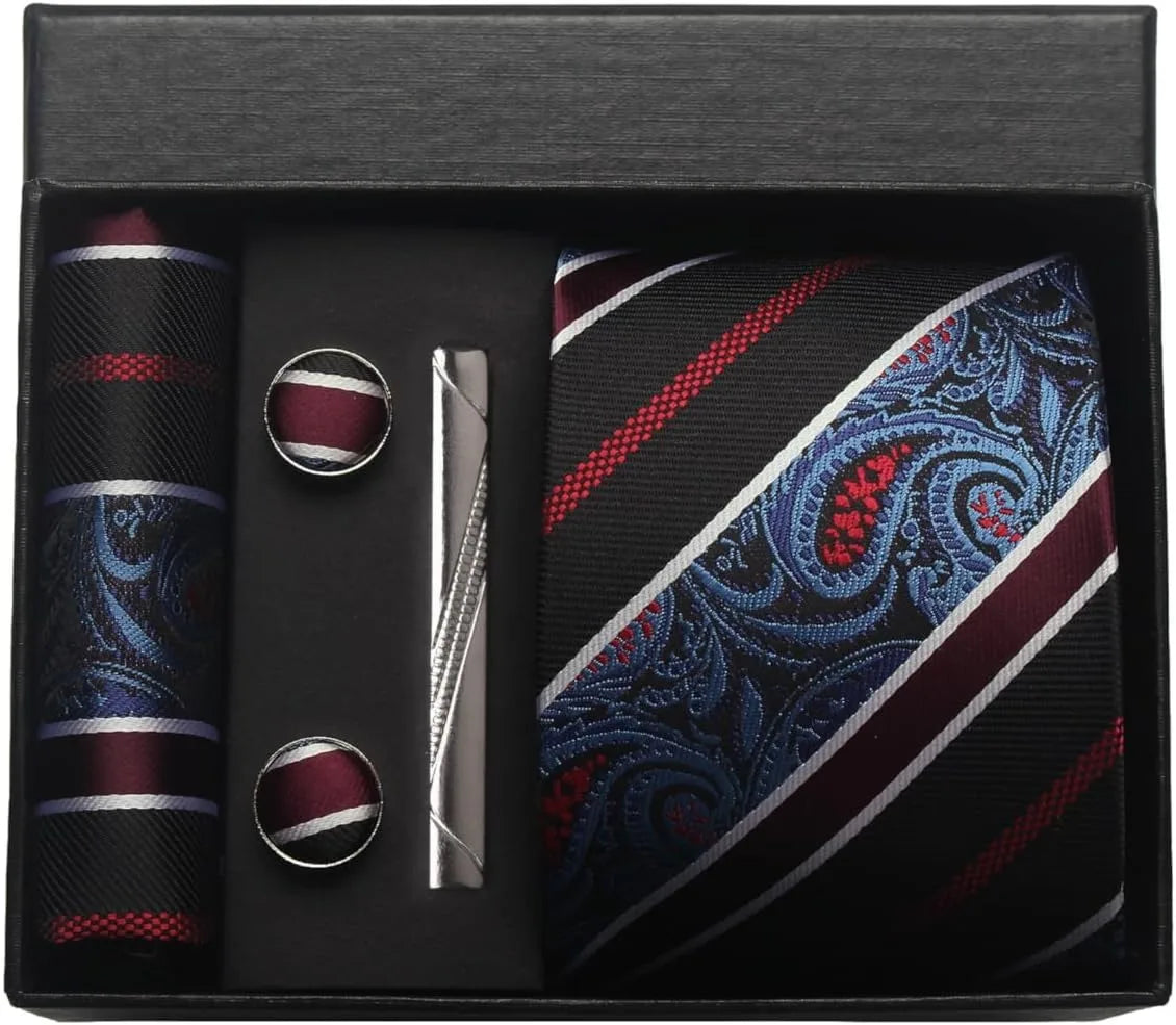 100% Silk Necktie Paisley Floral Mens Tie Top Quality Business Tie Pocket Square Tie Clip Cufflinks Set Classic For Men Gift Box - Ellianto fashion Men's