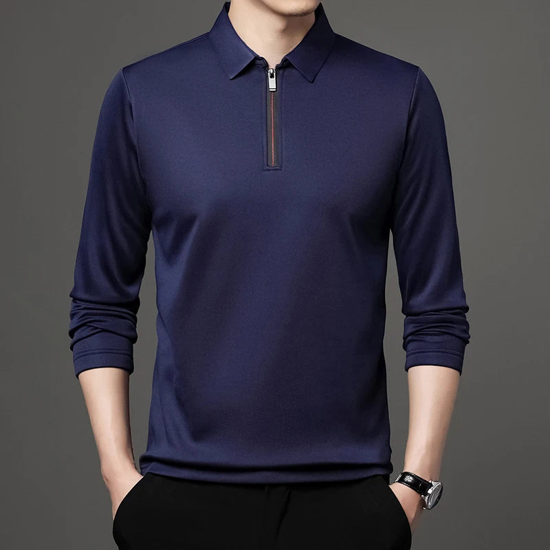 New T Shirt Zipper Polo Shirt Male Fashion Turn-Down Collar Long Sleeve Business Men Clothes - Ellianto fashion Men's