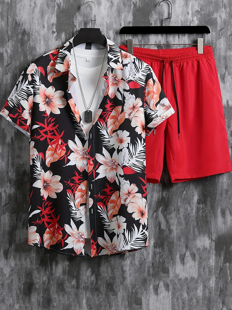 Set Hawaiian Coconut Tree Print Men's Shirt Summer Short Sleeve Tops Beach Shorts 2 Piece Sets Casual Vacation Style Outfit Clothing - Ellianto fashion Men's