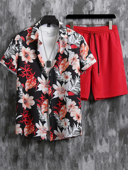 Set Hawaiian Coconut Tree Print Men's Shirt Summer Short Sleeve Tops Beach Shorts 2 Piece Sets Casual Vacation Style Outfit Clothing - Ellianto fashion Men's