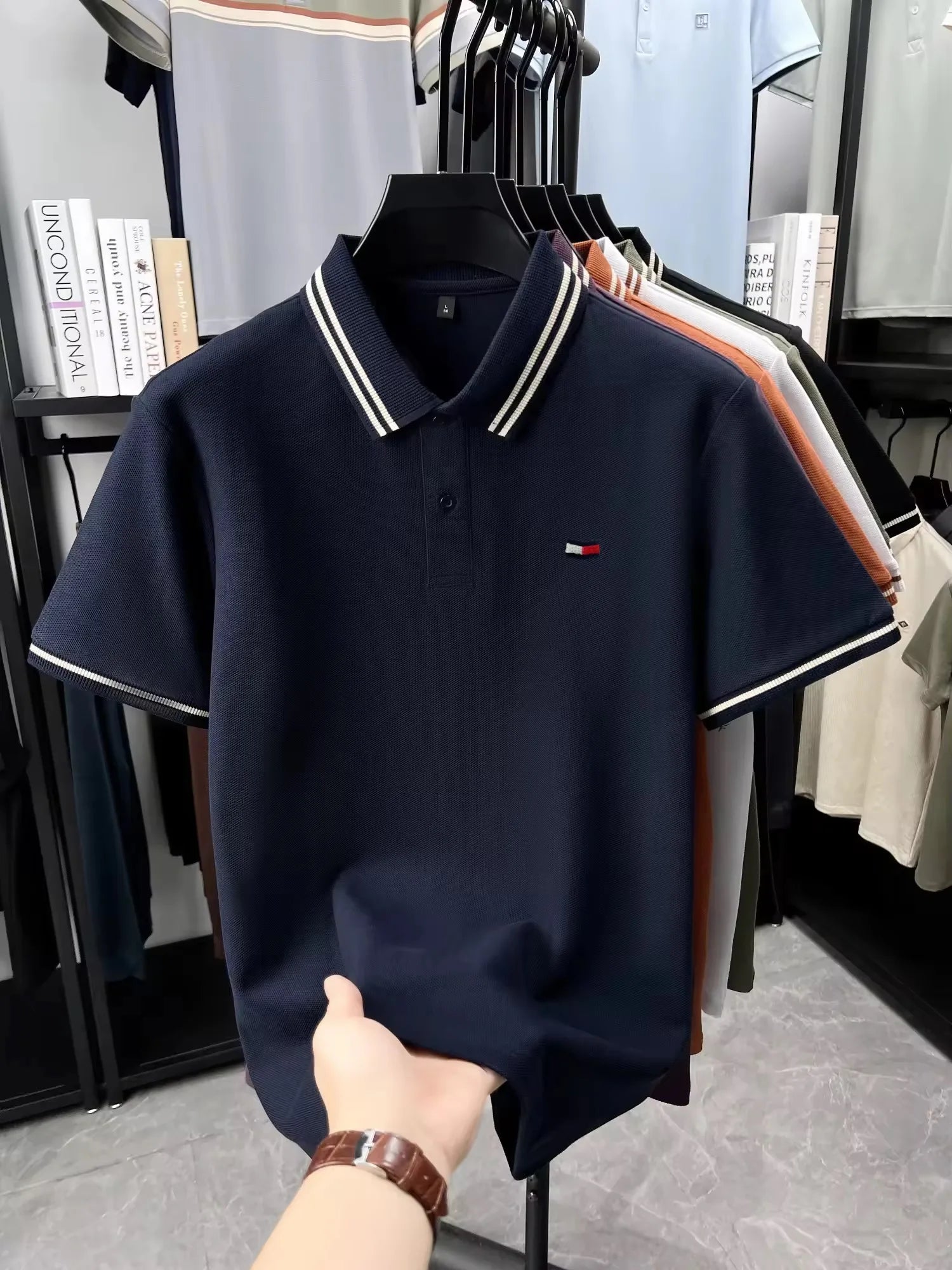100% pure cotton summer men original embroidered short sleeved fashionable striped lapel shirt polo shirt breathable T-shirt top - Ellianto fashion Men's