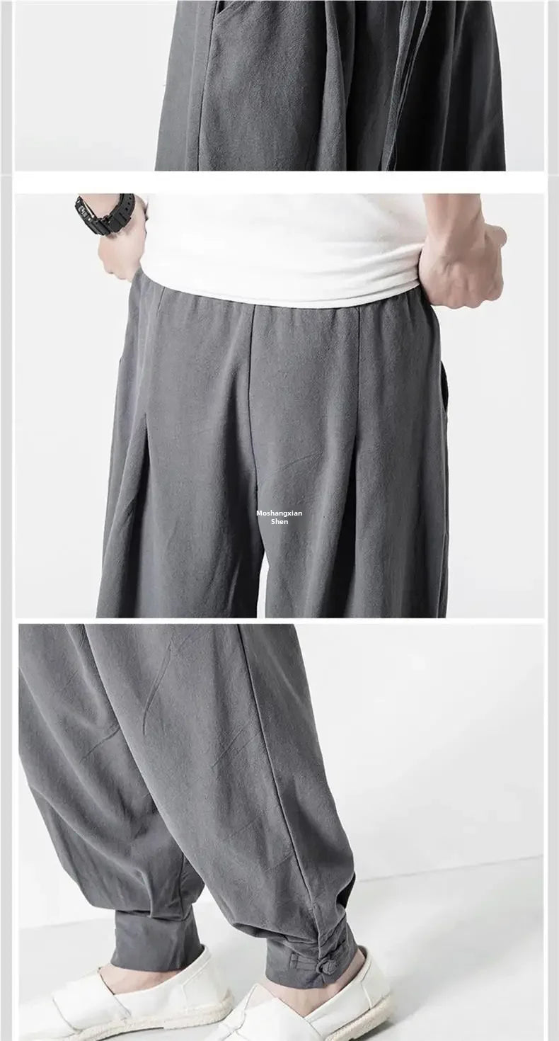 Loose-fit Cotton Linen Men's Women's Monk Pants No Tying Required Casual Spring Summer Long Pants For Zen Meditation - Ellianto fashion Men's
