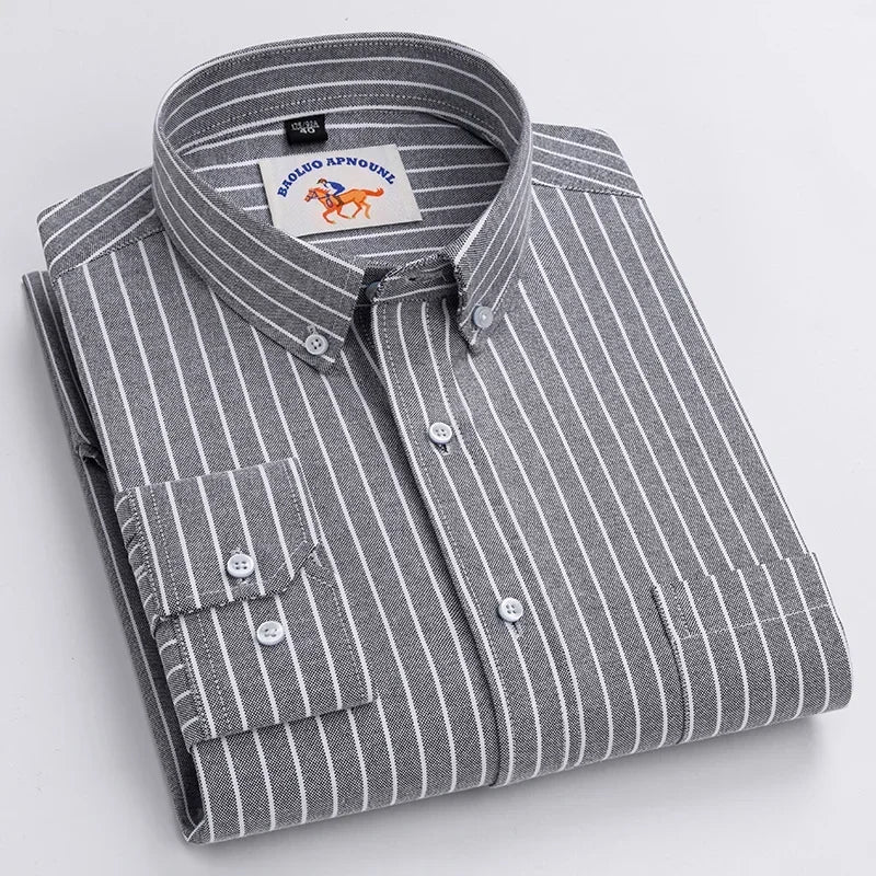 Casual Pure Cotton Oxford Mens Shirts Long Sleeve Embroidery Horse Design Regular Fit Fashion Button Man White Dress Shirt - Ellianto fashion Men's