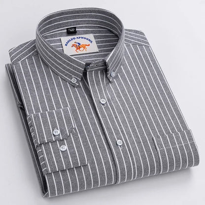 Casual Pure Cotton Oxford Mens Shirts Long Sleeve Embroidery Horse Design Regular Fit Fashion Button Man White Dress Shirt - Ellianto fashion Men's