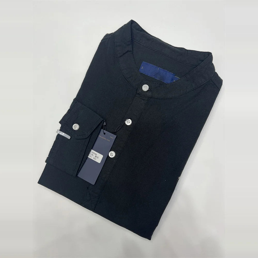 Spring Autumn Men's Linen Cotton Color Simple Embroidery Label Slim Long Sve irt Busin Casual Stand Collar irt - Ellianto fashion Men's