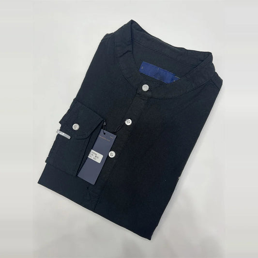 Spring Autumn Men's Linen Cotton Color Simple Embroidery Label Slim Long Sve irt Busin Casual Stand Collar irt - Ellianto fashion Men's