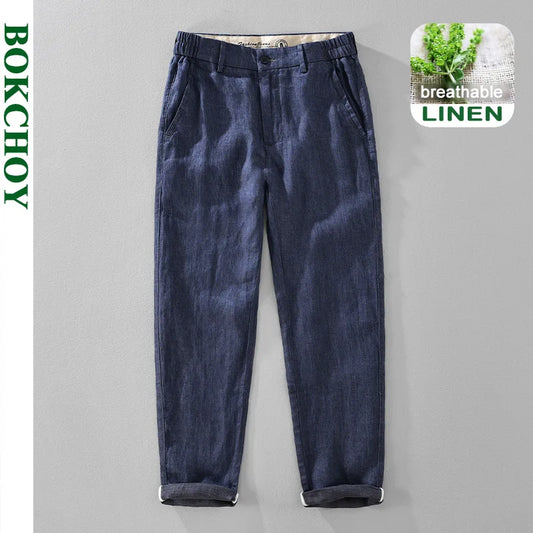 2025 Summer New Casual Pure Linen Slim Pants for Men Clothing Breathable Solid Color Slim-fit Straight Pants EC1359