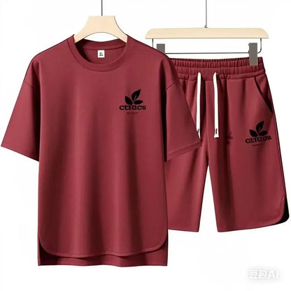 Set 2025 High-quality European and American men's casual sportswear: a comfortable and breathable two-piece set consisting of a fitn - Ellianto fashion Men's
