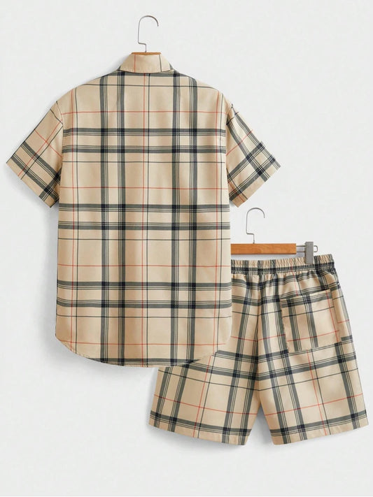 Set Street Casual Men's Suit Personalized Fashion Plaid Printed Pattern Short Sleeve Lapel Shirt and Shorts Men's Two Piece Set - Ellianto fashion Men's