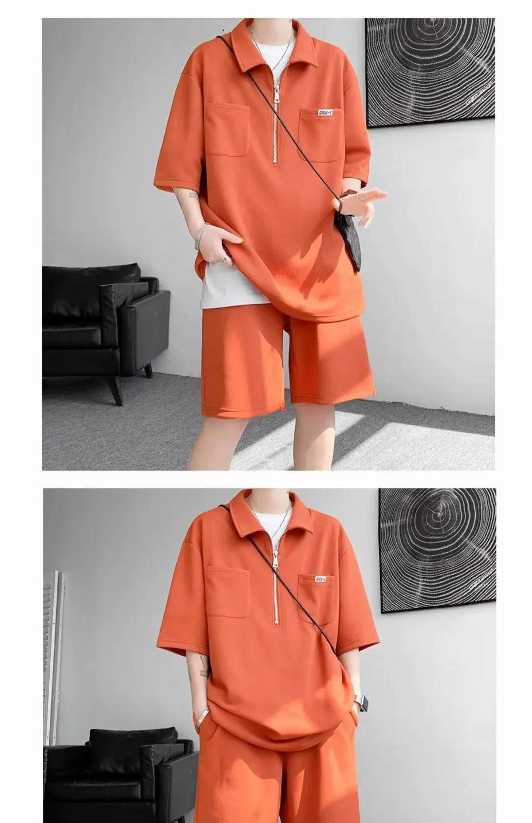 Ice Silk Short Sleeve Polo Shirt Men Summer Trendy Shorts Casual Sports Set Seven Half Zipper Comfortable Thin Male Clothing - Ellianto fashion Men's