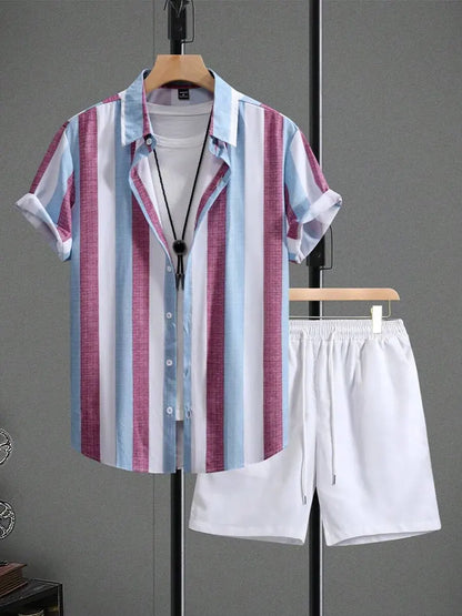 Set New Palm Leaf Print Men's Casual Shirt Hawaiian Men's Beach Shorts Summer Everyday Short-sleeved Shirt And Sports Shorts Set - Ellianto fashion Men's