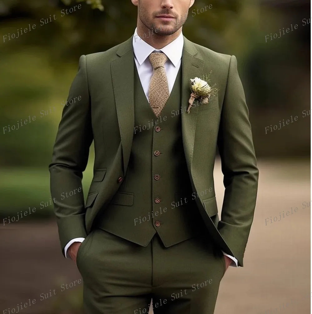 New Beige Business Suit Men Tuxedos Groom Groomsman Prom Wedding Party Formal 3 Piece Set Jacket Vest Pants - Ellianto fashion Men's