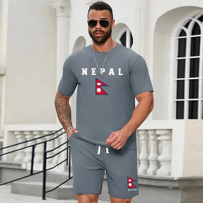 set / 2025 New Fashion Design Men's T-Shirt Men's Sports Drawstring Shorts Simple Printed Men's 2-Piece Summer Gym Breathable Suit - Ellianto fashion Men's