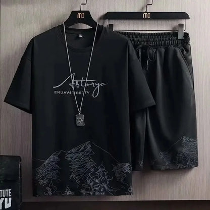 Ice Sensation Loose Fit Summer Short Sleeve Basketball Men's T-Shirt Set Quick Dry Breathable Comfortable Two Piece Suit - Ellianto fashion Men's