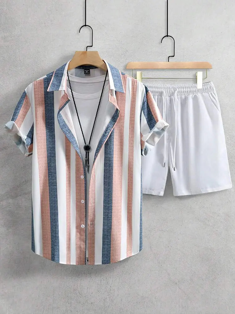 Set New Palm Leaf Print Men's Casual Shirt Hawaiian Men's Beach Shorts Summer Everyday Short-sleeved Shirt And Sports Shorts Set - Ellianto fashion Men's
