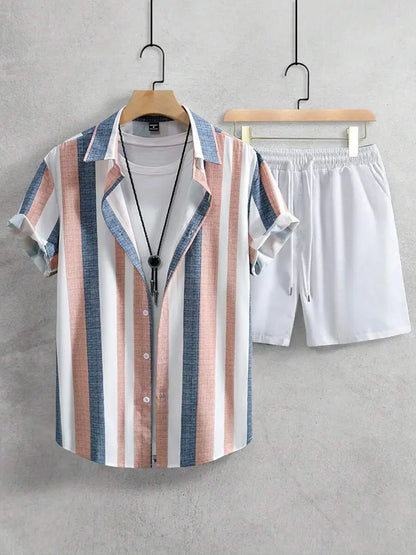 Set New Palm Leaf Print Men's Casual Shirt Hawaiian Men's Beach Shorts Summer Everyday Short-sleeved Shirt And Sports Shorts Set - Ellianto fashion Men's