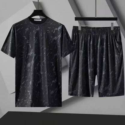 Ice Silk Short Sleeve Short Pants Set Casual Loose Fit Men's Clothing Breathable Sportswear Summer Outfit Two-Piece Suit - Ellianto fashion Men's