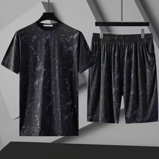 Ice Silk Short Sleeve Short Pants Set Casual Loose Fit Men's Clothing Breathable Sportswear Summer Outfit Two-Piece Suit - Ellianto fashion Men's