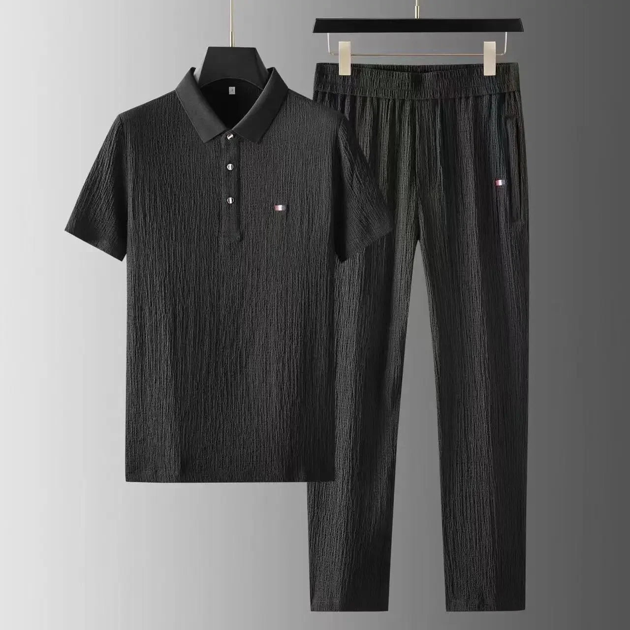 Summer Men's Casual Thin Collar Two-Piece Suit Full Set Fashionable Lightweight Breathable Comfortable Male Clothing Ensemble - Ellianto fashion Men's