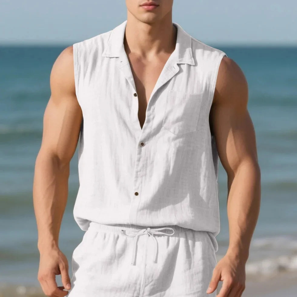 Men’s Summer Linen Sleeveless Open Shirt – Lightweight, Breathable Comfort with Relaxed, Sophisticated Style for the Modern Gentleman