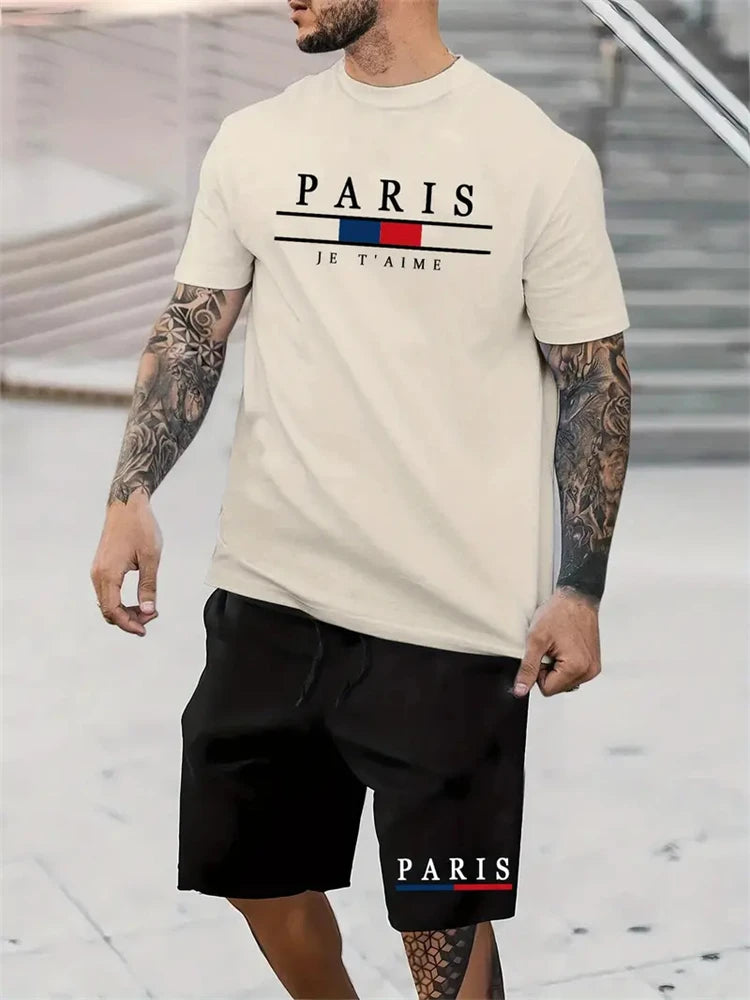 set / 2025 New Fashion Design Men's T-Shirt Men's Sports Drawstring Shorts Simple Printed Men's 2-Piece Summer Gym Breathable Suit - Ellianto fashion Men's