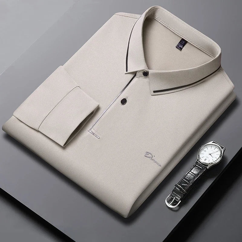 New Men's Business Casual Long Sleeved Shirt with Badge Solid Color Polo Shirt Fashionable Breathable Comfortable Versatile Top - Ellianto fashion Men's