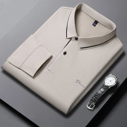 New Men's Business Casual Long Sleeved Shirt with Badge Solid Color Polo Shirt Fashionable Breathable Comfortable Versatile Top - Ellianto fashion Men's