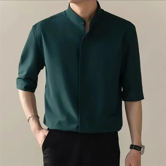 Summer Stand-Collar Ice Silk Shirt – Lightweight, Smooth Fit for Effortless Style and Cool Confidence