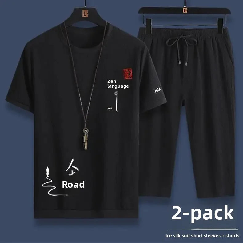 Ice Silk Men's Summer Loose Large Size Casual Sports Set Short Sleeve Seven Pants Two Piece Set Comfortable Breathable Clothing - Ellianto fashion Men's