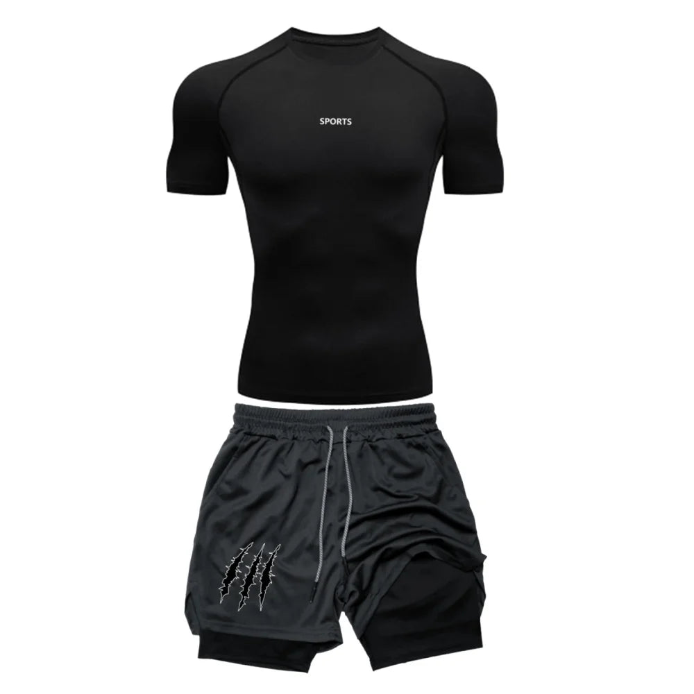 Men’s Sports Compression Set – Quick-Dry Rash Guard Top & 2-in-1 Stretch Shorts for Gym & Training