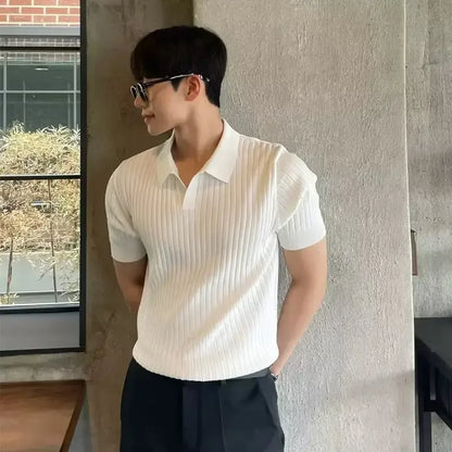 2025 Summer Men's Ice Silk Lapel Polo Short Sleeve Thin Fashionable V-neck Striped Knit Base Layer Top Men's Shirt - Ellianto fashion Men's