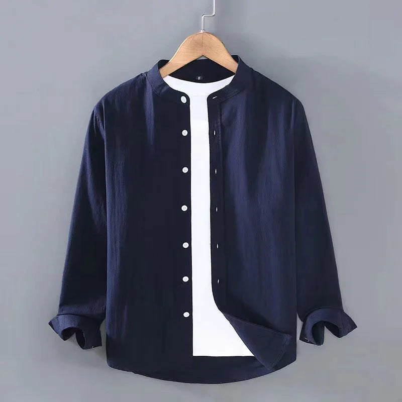 2023 Spring Summer Men's Linen Shirt Pure White Stand Collar Long Sleeve Henley Soft Comfortable Simple Slim Fashion - Ellianto fashion Men's