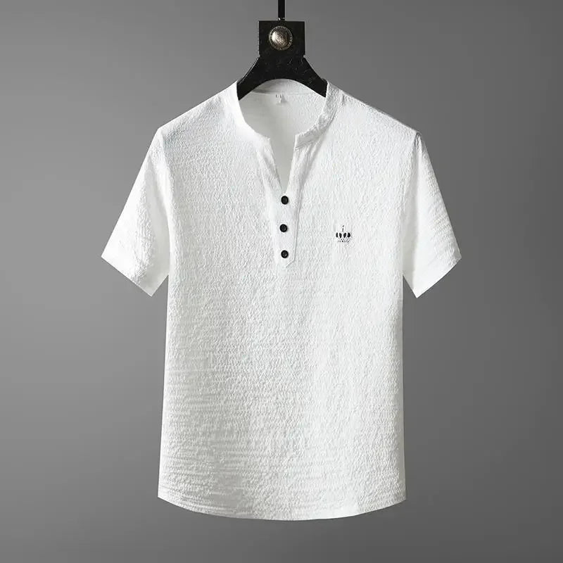 New 2025 Men's Slim Fit Short Sleeve Sportswear Set Casual Embroidered V-Neck Chinese Style Lightweight Two-Piece Suit - Ellianto fashion Men's