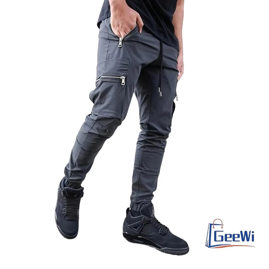 Men's Everyday Casual Zipper Pocket Pants Slim-Fit Pencil Pants Street Functional Small Foot Pants - Ellianto fashion Men's